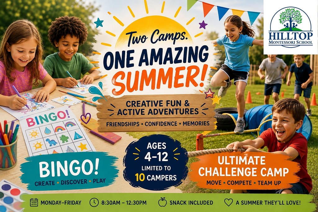 Bright summer camp poster with kids drawing and playing outside, featuring bold 'One Amazing Summer' headline and Hilltop Montessori logo in the corner.